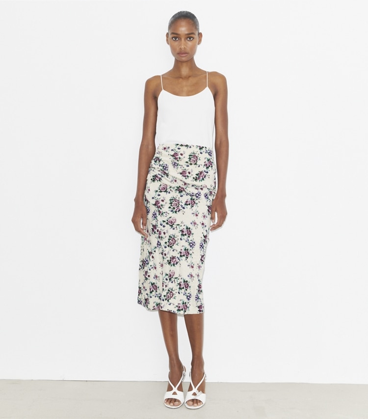 Tory Burch designer bottoms Printed Cotton Velvet Skirt in Purple Floral on model front