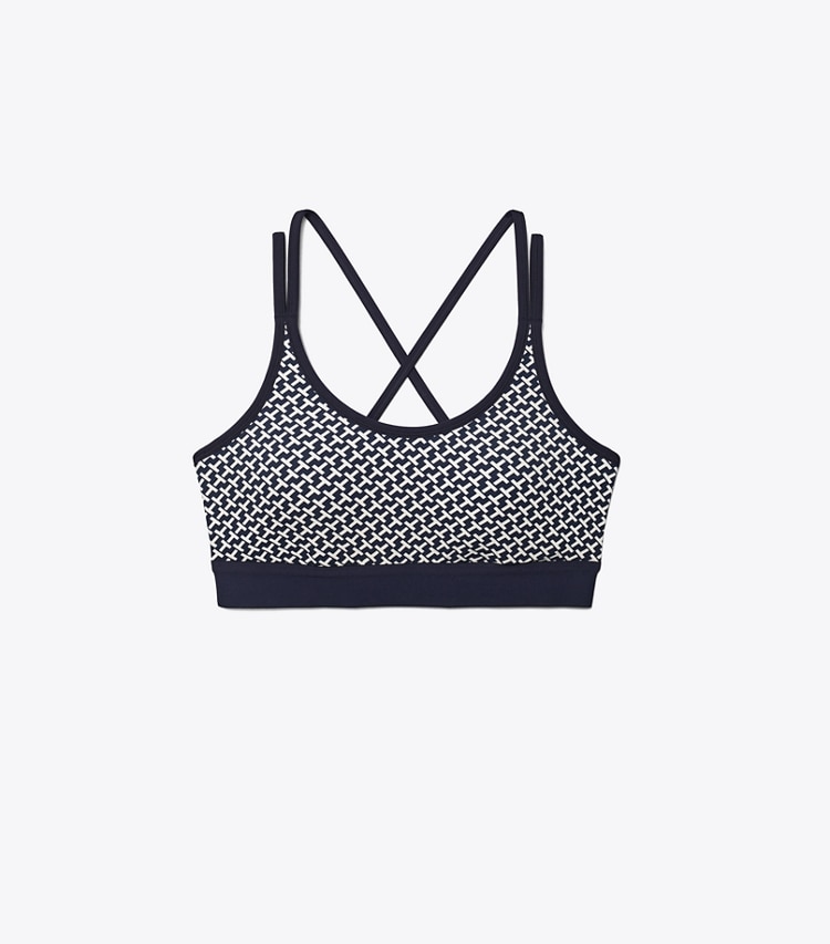Tory Sport designer sports bras Printed Cross-Back Bra in Tory Navy Diagonal T front