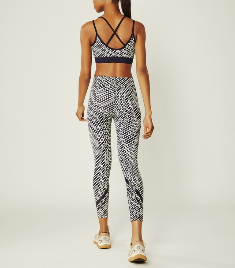 Tory Sport designer sports bras Printed Cross-Back Bra in Tory Navy Diagonal T front