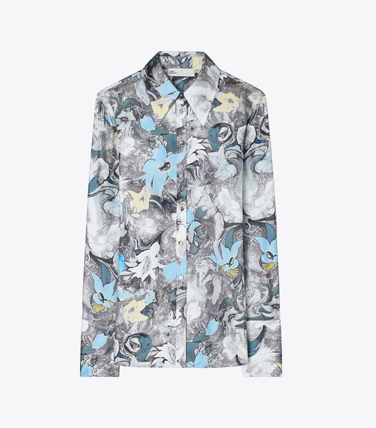 Tory Burch designer トップス プリント シルク カフドシャツ in Blue Tripped Out Flowers front