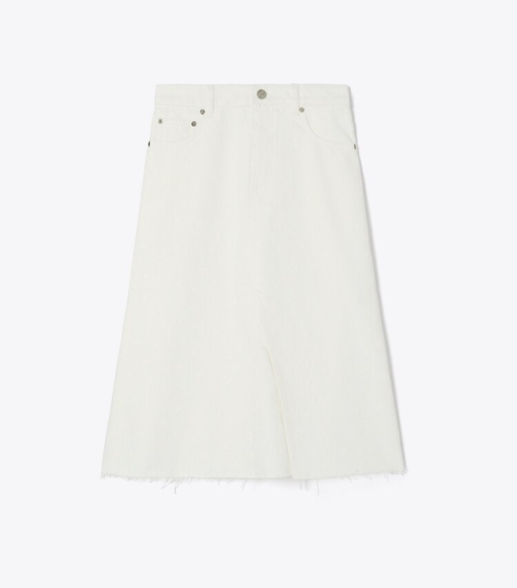 Tory Burch designer ボトムス プリント デコンストラクト デニムスカート in White Scatter Daisy front