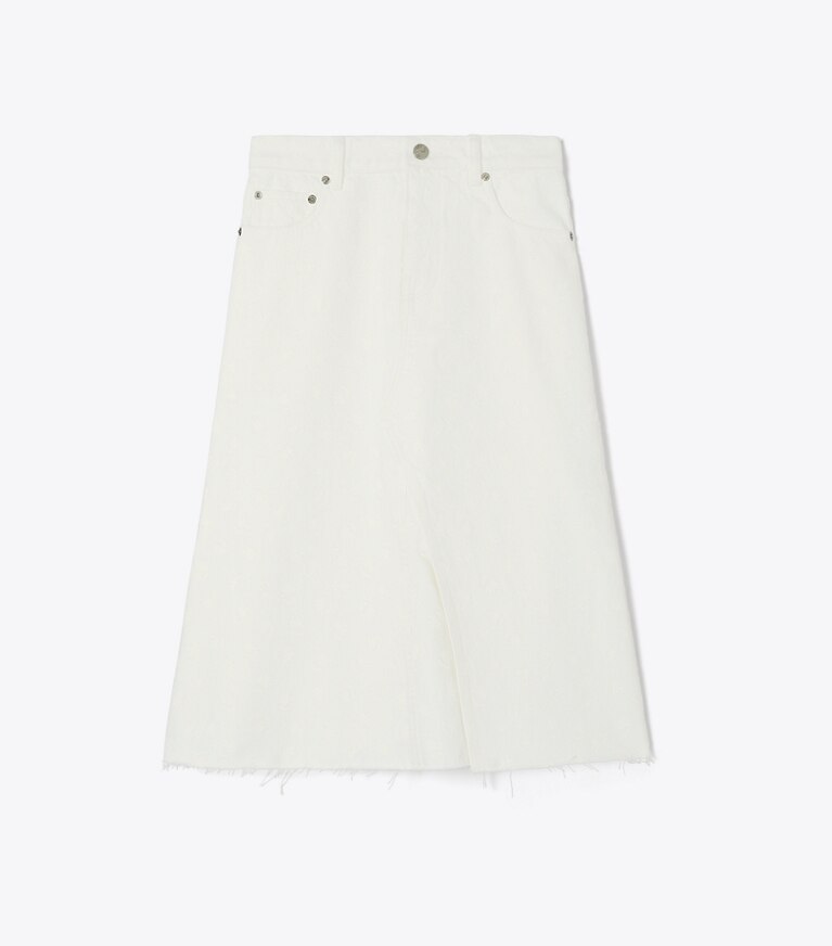 Tory Burch designer ボトムス プリント デコンストラクト デニムスカート in White Scatter Daisy front
