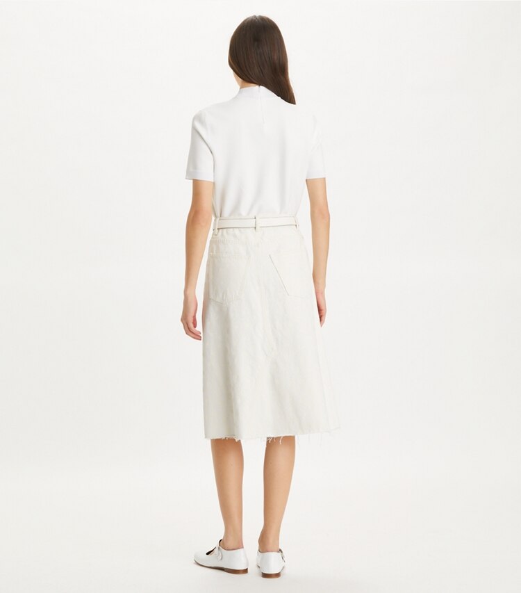 Tory Burch designer ボトムス プリント デコンストラクト デニムスカート in White Scatter Daisy on model back