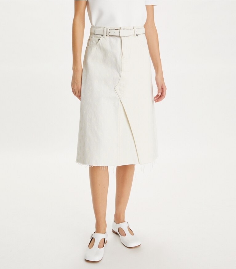 Tory Burch designer ボトムス プリント デコンストラクト デニムスカート in White Scatter Daisy front
