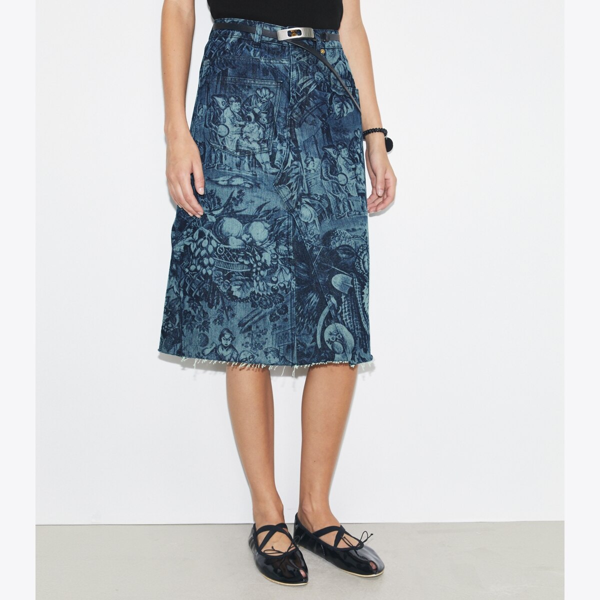 Printed Deconstructed Denim Skirt: Women's Clothing