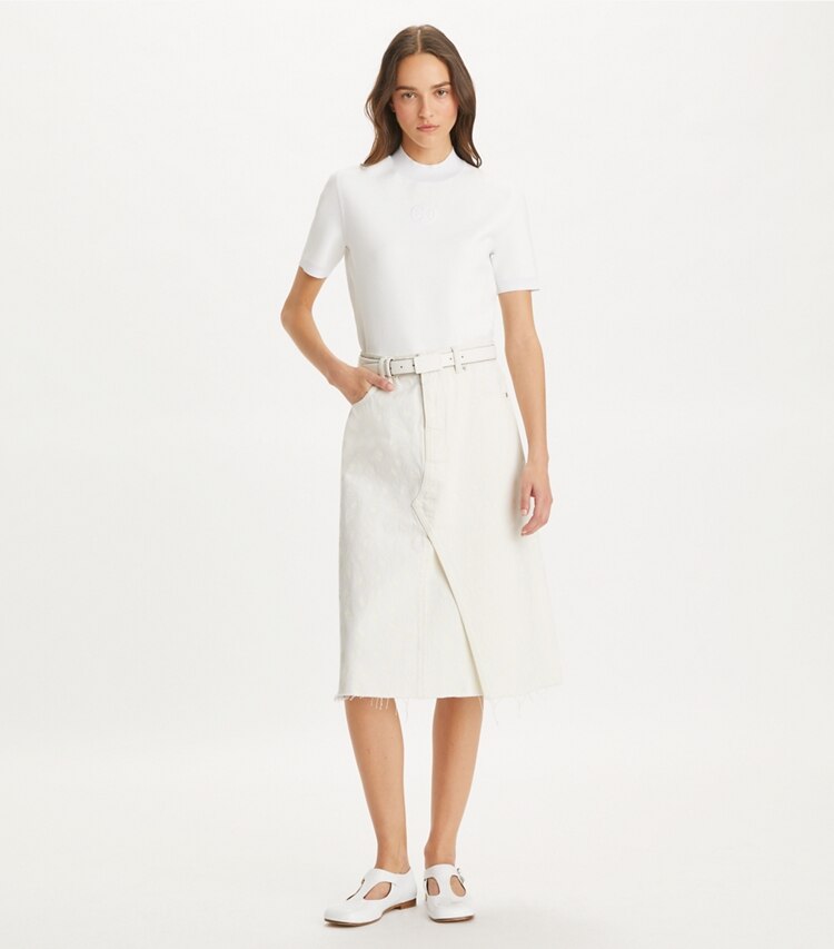 Tory Burch designer ボトムス プリント デコンストラクト デニムスカート in White Scatter Daisy モデル前面