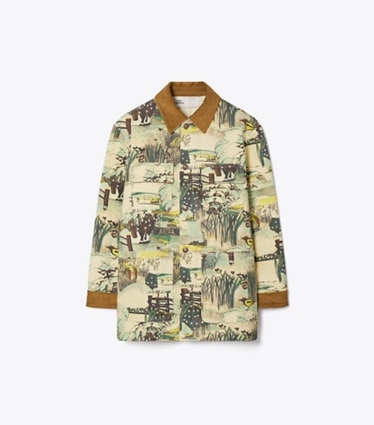 Tory Burch designer jackets Printed Denim Barn Jacket in Yellow Forest front