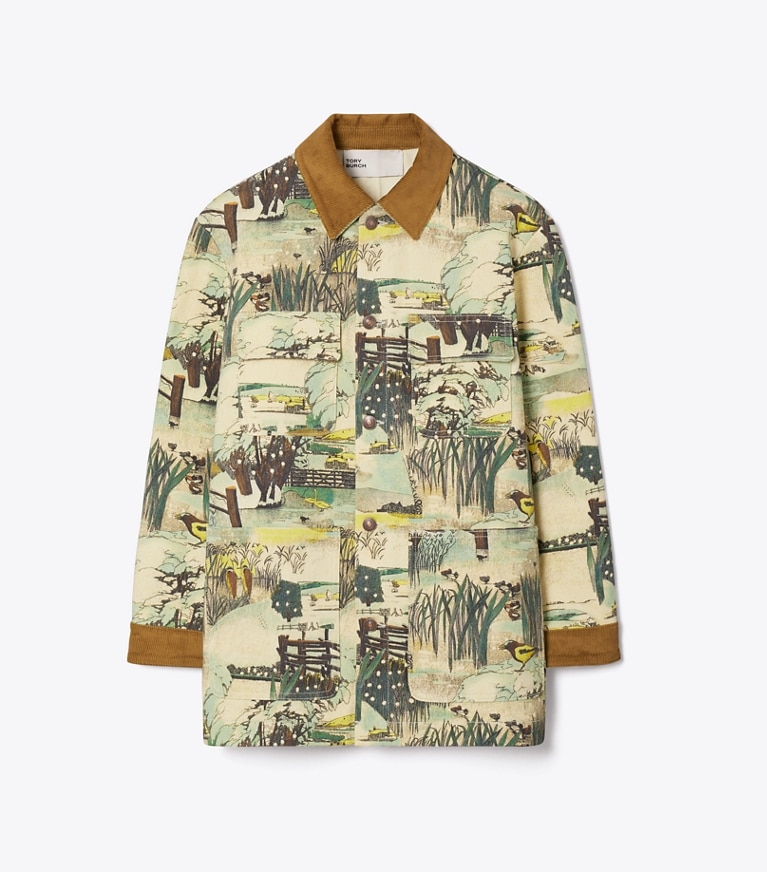 Tory Burch designer jackets Printed Denim Barn Jacket in Yellow Forest front