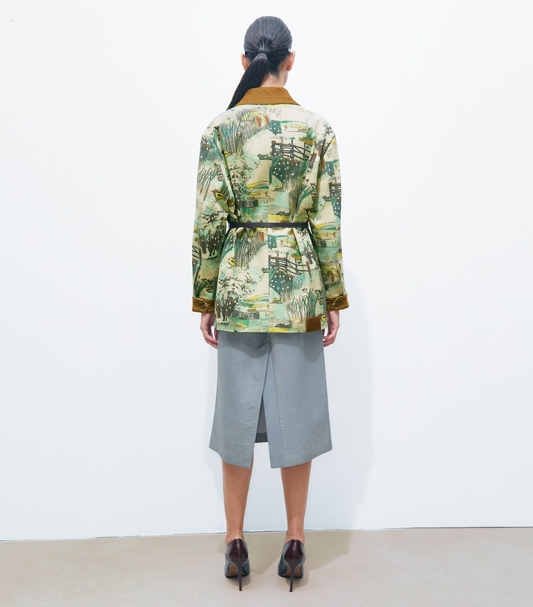 Tory Burch designer jackets Printed Denim Barn Jacket in Yellow Forest on model back