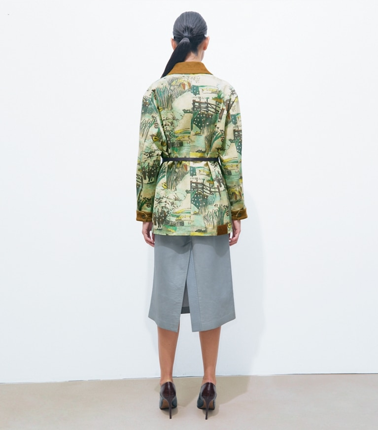 Tory Burch designer jackets Printed Denim Barn Jacket in Yellow Forest on model back