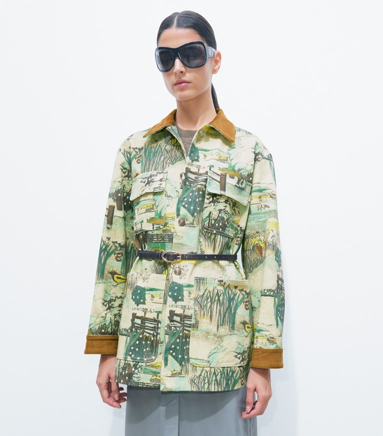 Tory Burch designer jackets Printed Denim Barn Jacket in Yellow Forest on model detail