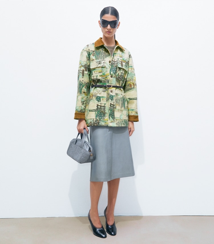 Tory Burch designer jackets Printed Denim Barn Jacket in Yellow Forest on model front