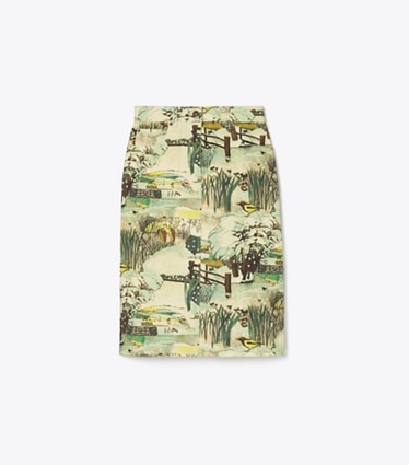 Tory Burch designer bottoms Printed Denim Pencil Skirt in Yellow Forest front
