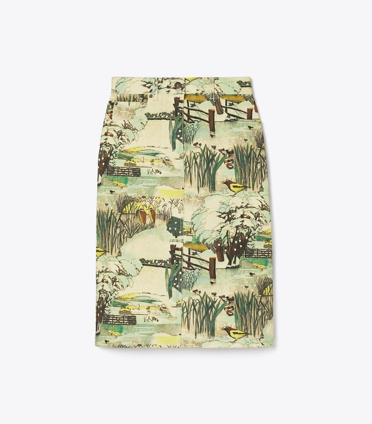 Tory Burch designer ボトムス プリント デニム ペンシルスカート in Yellow Forest front