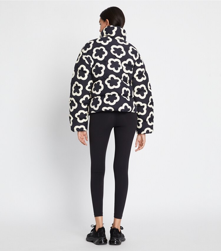 Tory Sport designer coats Printed Down Jacket in Black Flower on model back