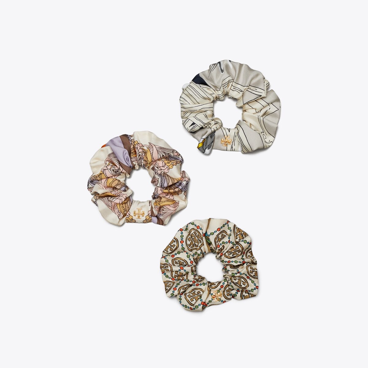 Printed Embellished Silk Scrunchies, Set of 3: Women display picture 1