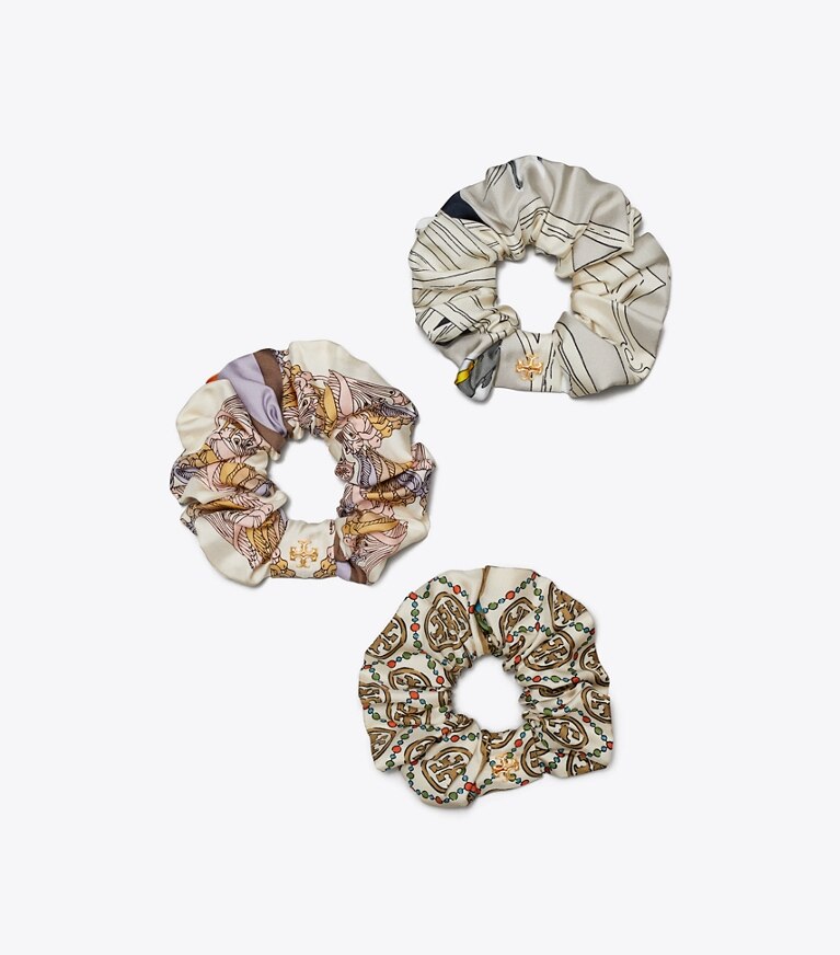 Tory Burch designer hair pins Printed Embellished Silk Scrunchies, Set of 3 in Ivory / Multi front