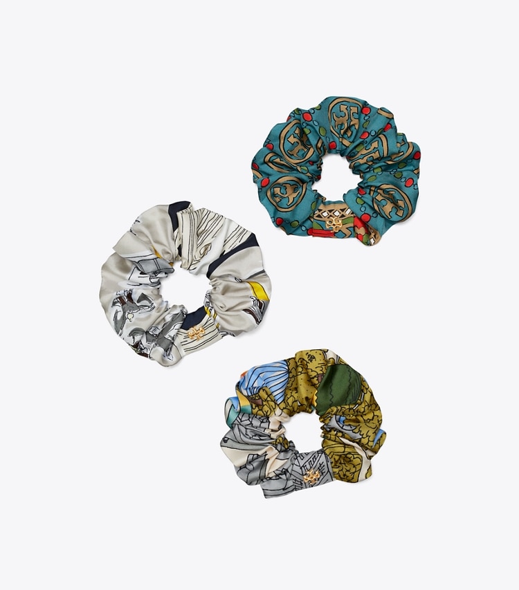 Tory Burch designer hair pins Printed Embellished Silk Scrunchies, Set of 3 in Blue / Multi front