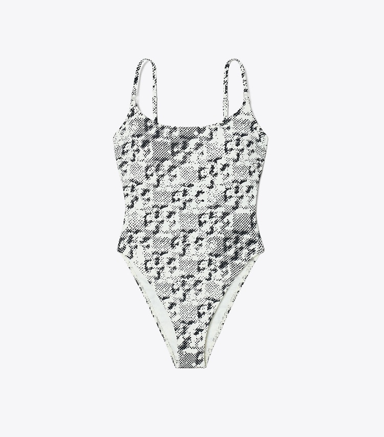 Tory Burch designer one pieces Printed Gemini Link Swimsuit in New Ivory Distressed Pixelated Logo front