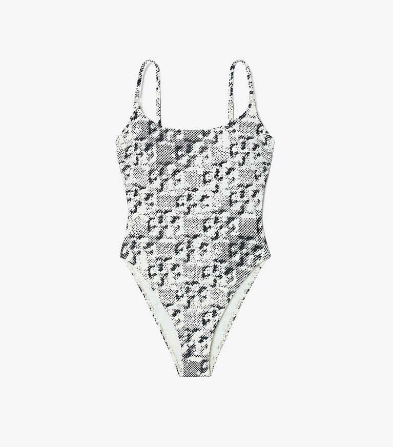 Tory Burch designer one pieces Printed Gemini Link Swimsuit in New Ivory Distressed Pixelated Logo front