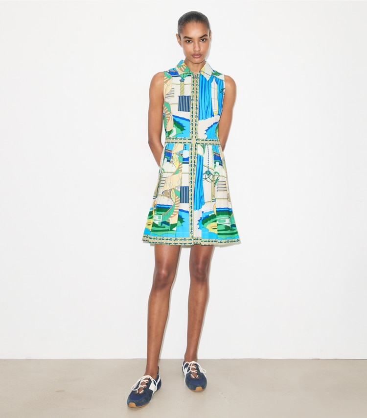 Tory Burch designer dresses Printed Golf Dress in Green Pool on model front