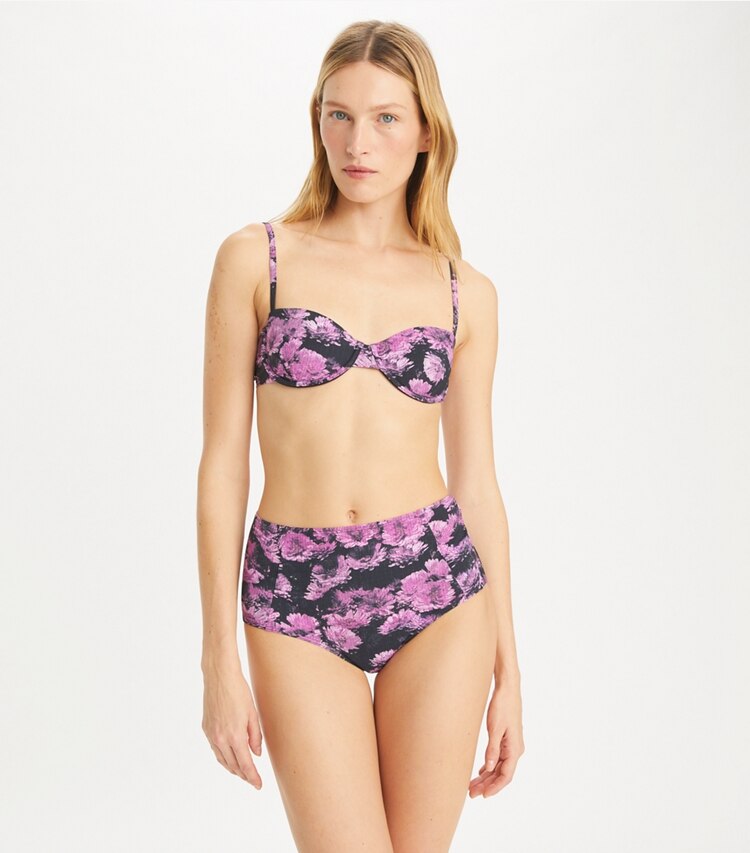 Tory Burch designer two pieces Printed High-Waist Bikini Bottom in Pink Pixel Floral on model detail