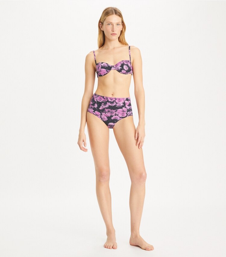 Tory Burch designer two pieces Printed High-Waist Bikini Bottom in Pink Pixel Floral on model front
