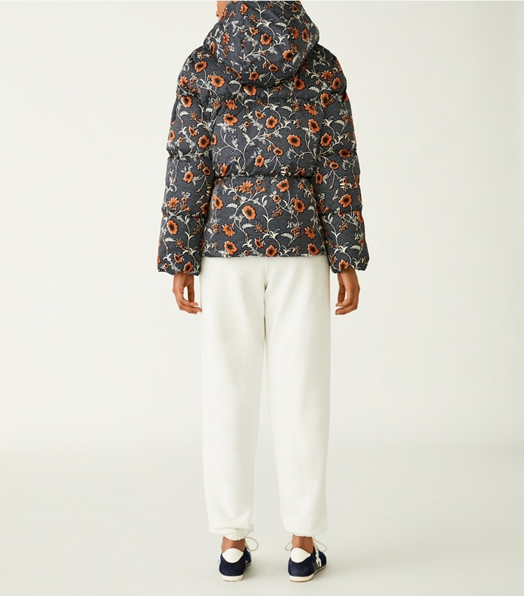 Tory Sport designer coats Printed Hooded Down Jacket in  RETRO BLOCK PRINT on model back