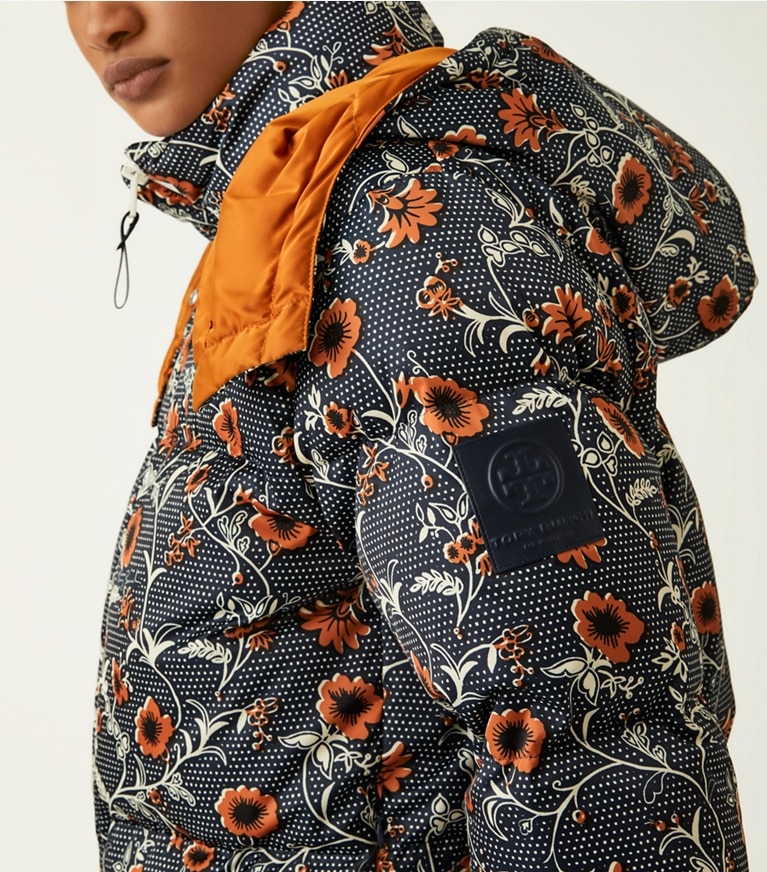Tory Sport designer coats Printed Hooded Down Jacket in  RETRO BLOCK PRINT front