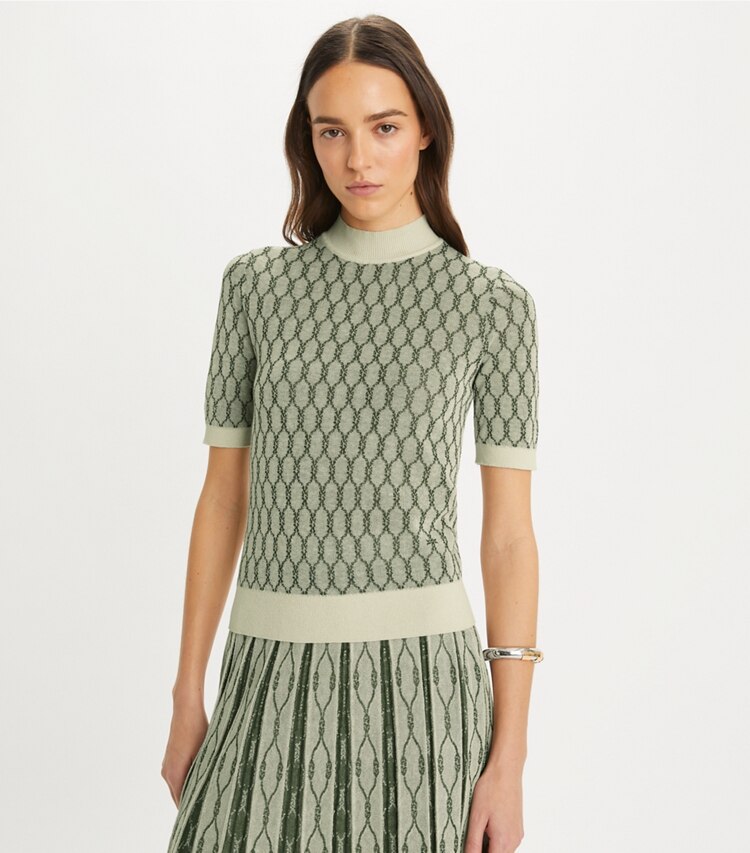 Tory Burch designer sweaters Printed Jacquard Mockneck in French Cream / Jadite on model detail