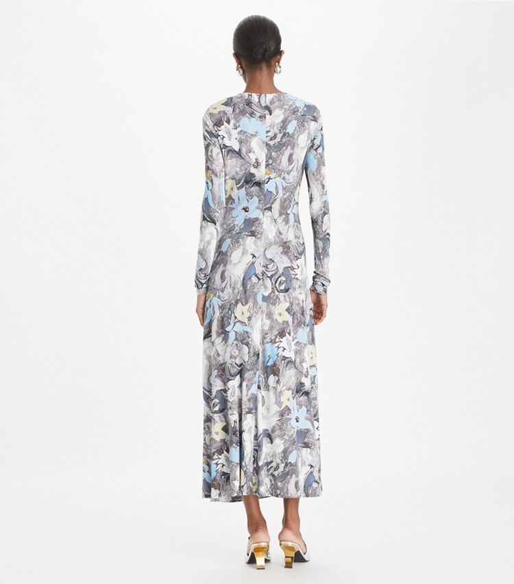 Tory Burch designer dresses Printed Jersey Dress in Blue Abstract Floral on model back