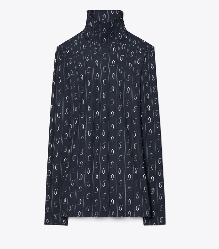 Tory Burch designer tops Printed Jersey Mockneck Shirt in Medium Navy Paisley front