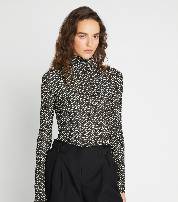 Tory Sport designer tops Printed Jersey Mockneck Shirt in Mini Prismatic T Monogram on model detail