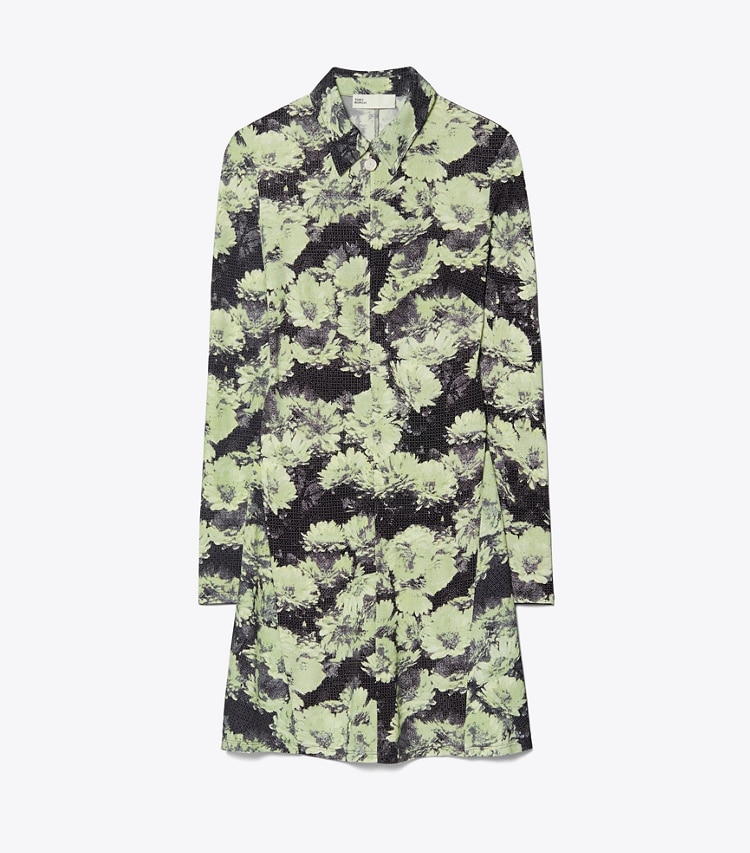 Tory Burch designer dresses Printed Jersey Polo Dress in Green Pixel Floral front