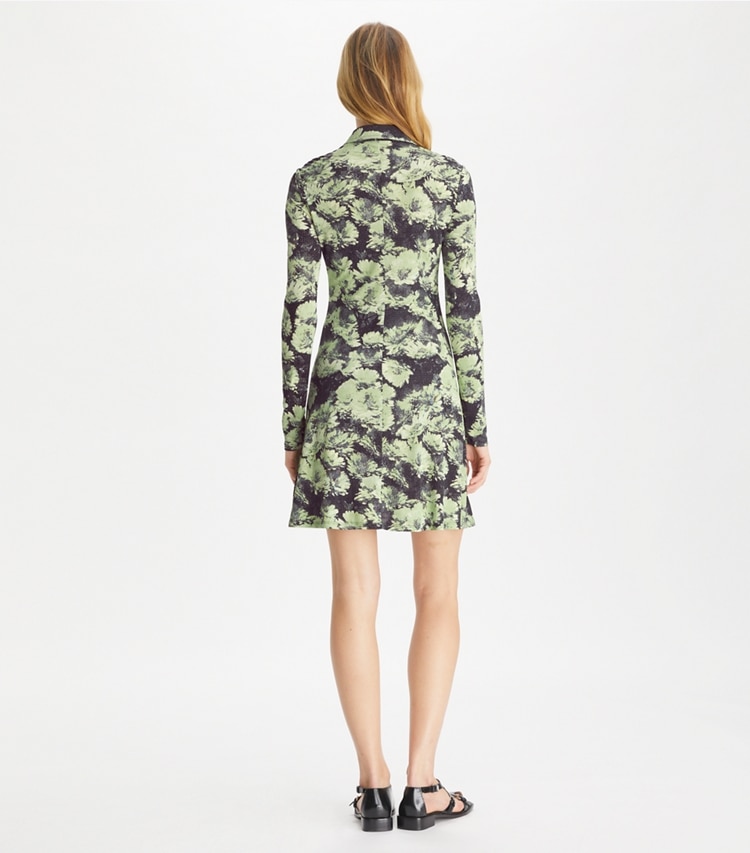 Tory Burch designer dresses Printed Jersey Polo Dress in Green Pixel Floral on model back