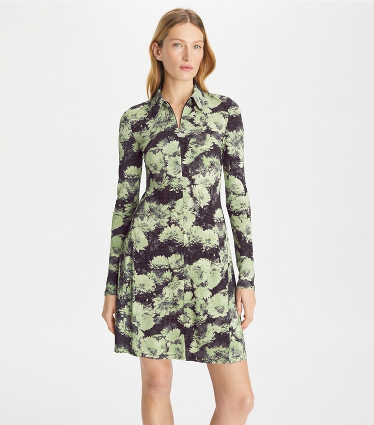 Tory Burch designer dresses Printed Jersey Polo Dress in Green Pixel Floral front