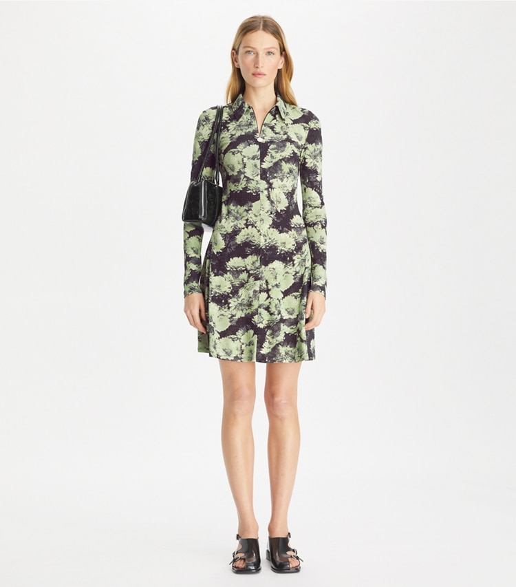 Tory Burch designer dresses Printed Jersey Polo Dress in Green Pixel Floral on model front