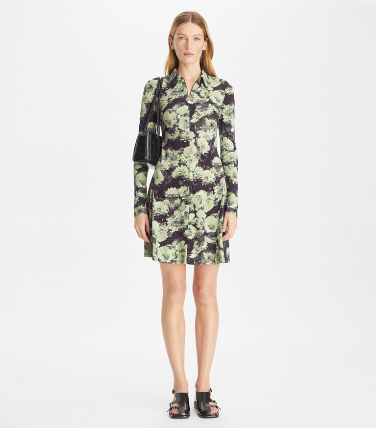Tory Burch designer dresses Printed Jersey Polo Dress in Green Pixel Floral front