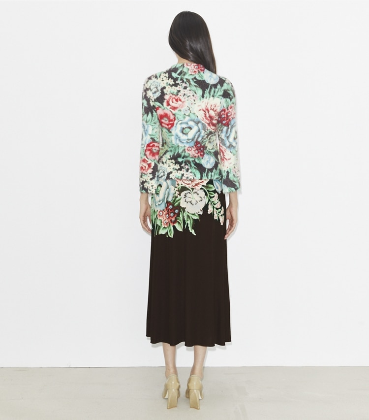 Tory Burch designer bottoms Printed Jersey Skirt in Brown Chair Floral on model back