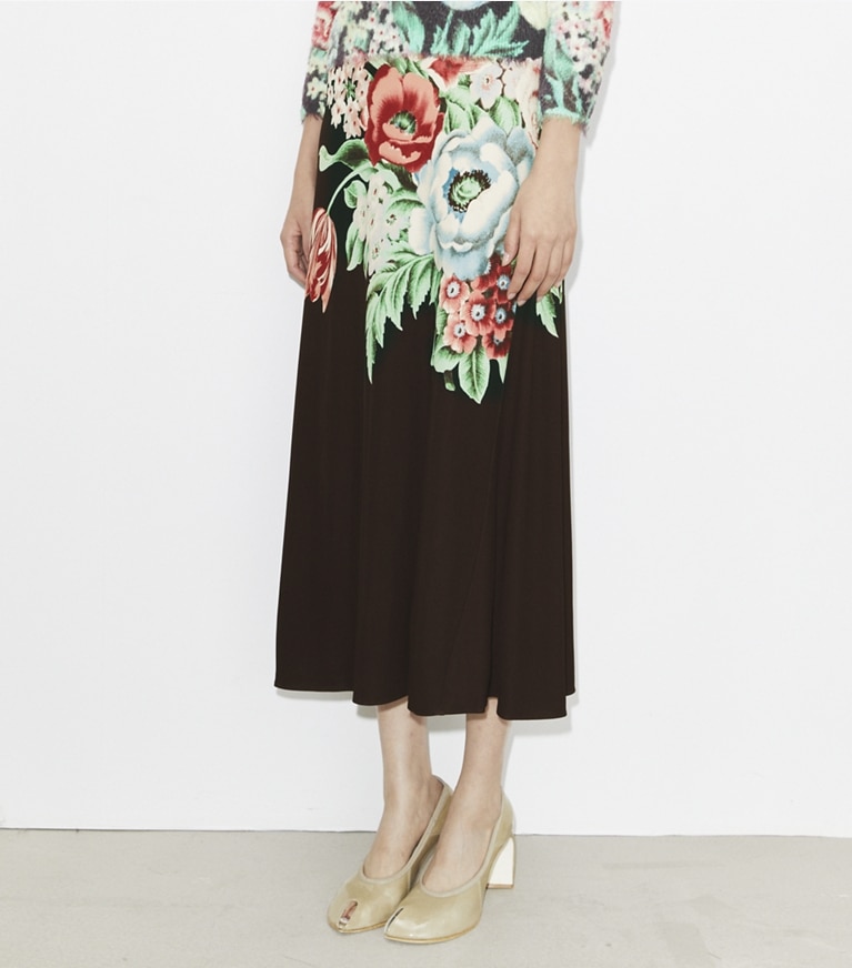Tory Burch designer bottoms Printed Jersey Skirt in Brown Chair Floral front