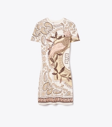 Tory Burch designer dresses Printed Jersey T-Shirt Dress in Pink Cockatoo front