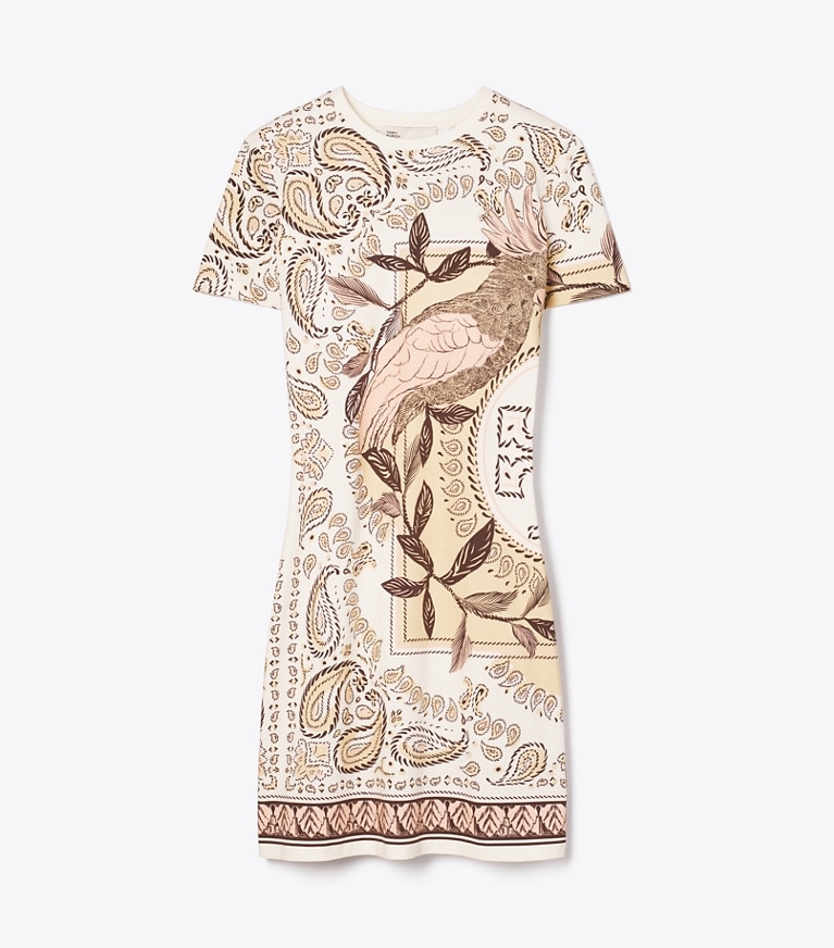 Tory Burch designer dresses Printed Jersey T-Shirt Dress in Pink Cockatoo front