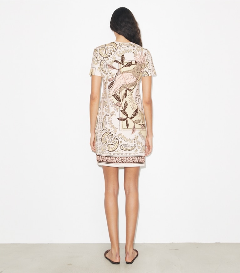 Tory Burch designer dresses Printed Jersey T-Shirt Dress in Pink Cockatoo on model back