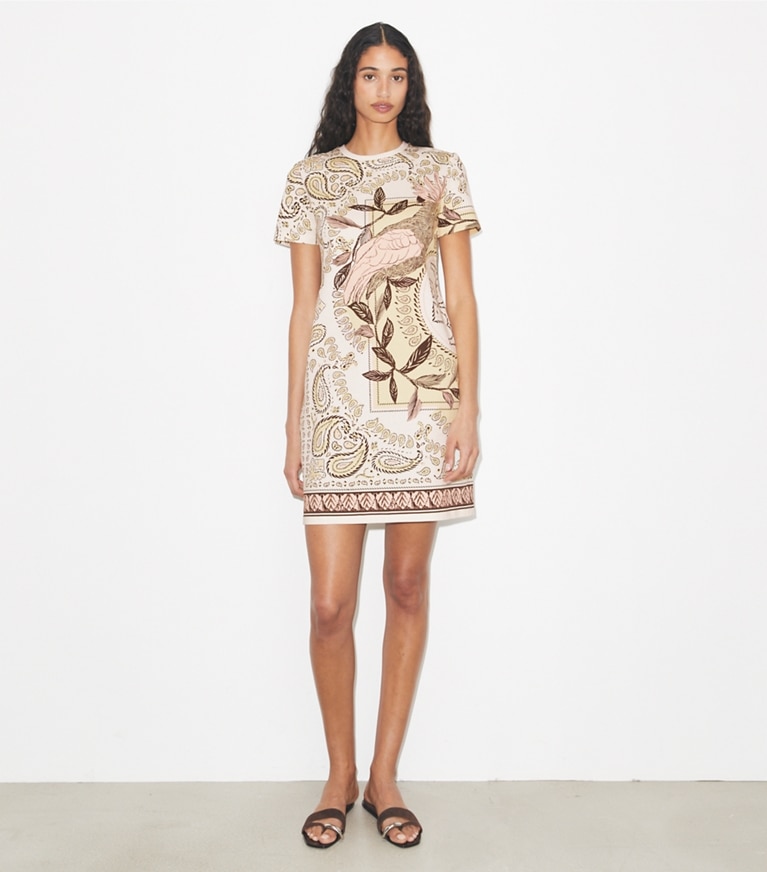 Tory Burch designer dresses Printed Jersey T-Shirt Dress in Pink Cockatoo on model front