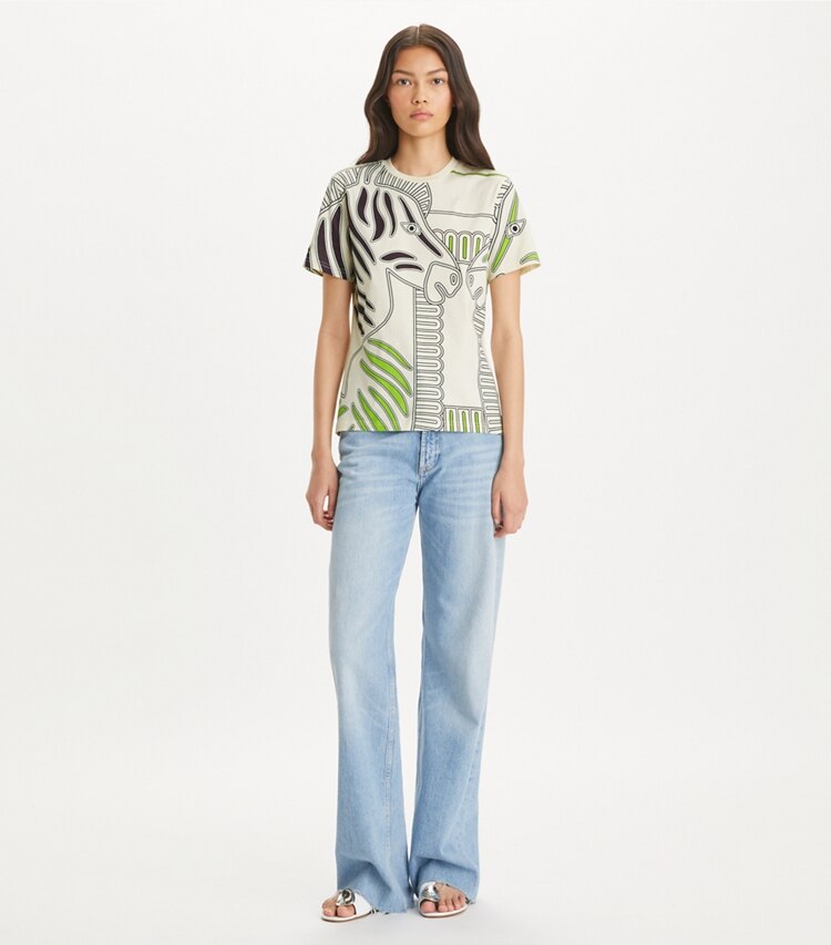 Tory Burch designer トップス プリント ジャージー Tシャツ in Ivory Zebra モデル前面