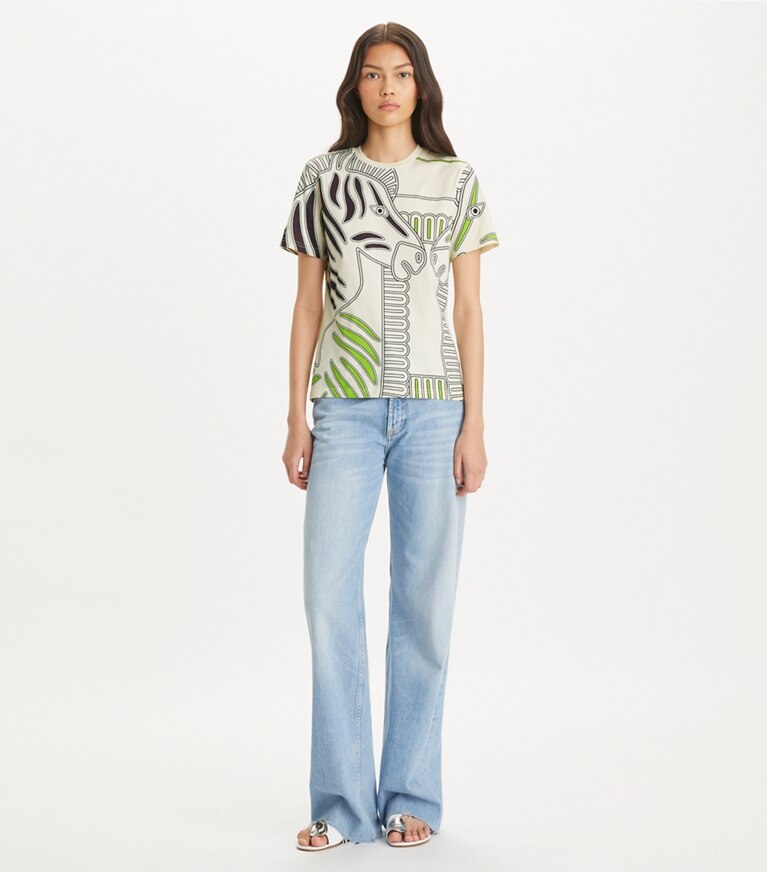 Tory Burch designer トップス プリント ジャージー Tシャツ in Ivory Zebra front