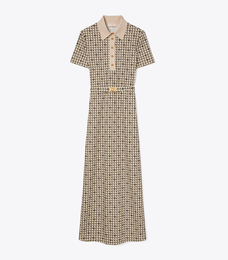 Tory Burch designer dresses Printed Knit Poplin Polo Dress in Classic Caramel Basketweave front