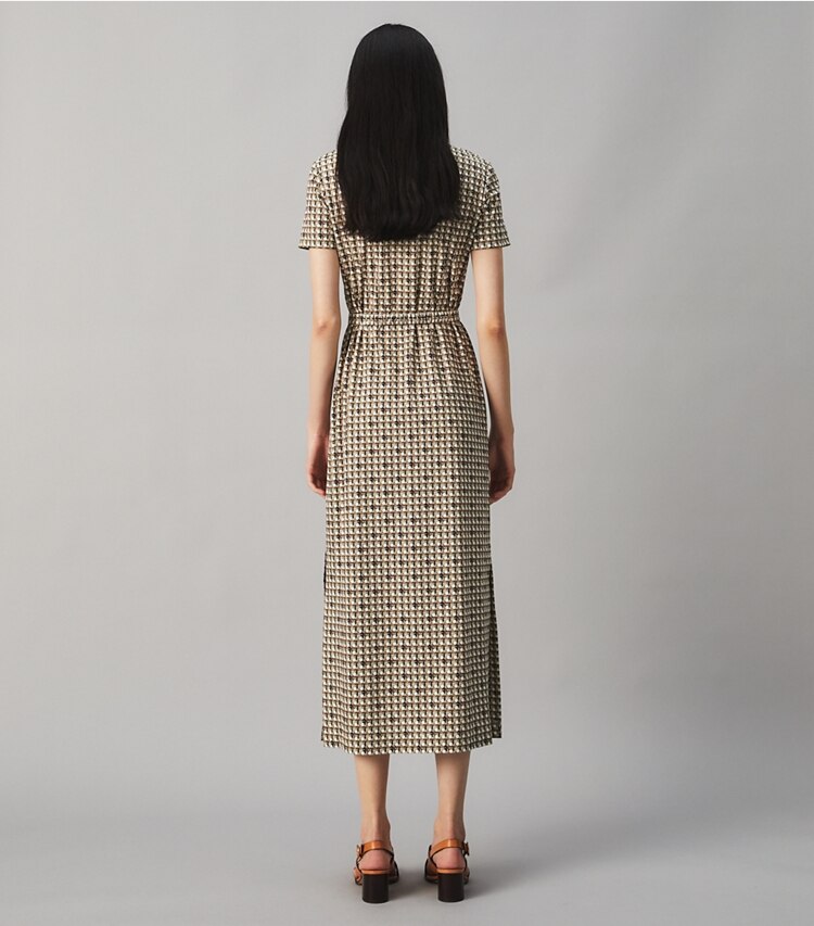 Tory Burch designer dresses Printed Knit Poplin Polo Dress in Classic Caramel Basketweave on model back