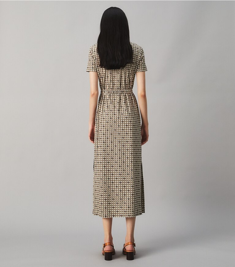 Tory Burch designer dresses Printed Knit Poplin Polo Dress in Classic Caramel Basketweave front