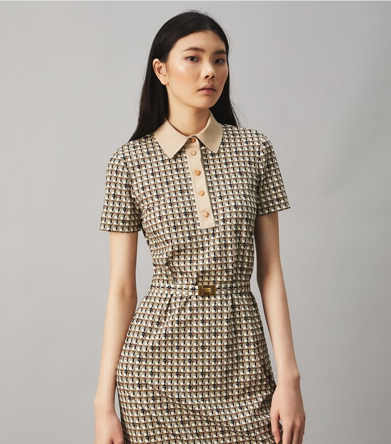 Tory Burch designer dresses Printed Knit Poplin Polo Dress in Classic Caramel Basketweave front